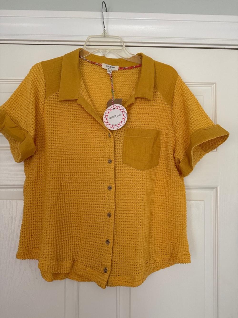 Umgee Golden Mustard Waffle Knit Button-Front Short Sleeve Shirt